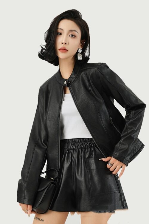 Women’s Leather Jacket Locomotive Style Leather Coat Leather Jacket