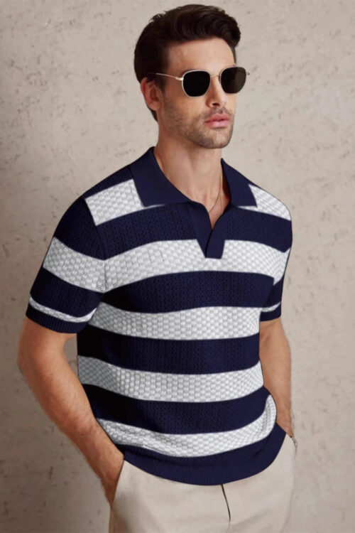 Mens Striped Knitted Short-Sleeve Polo Shirt