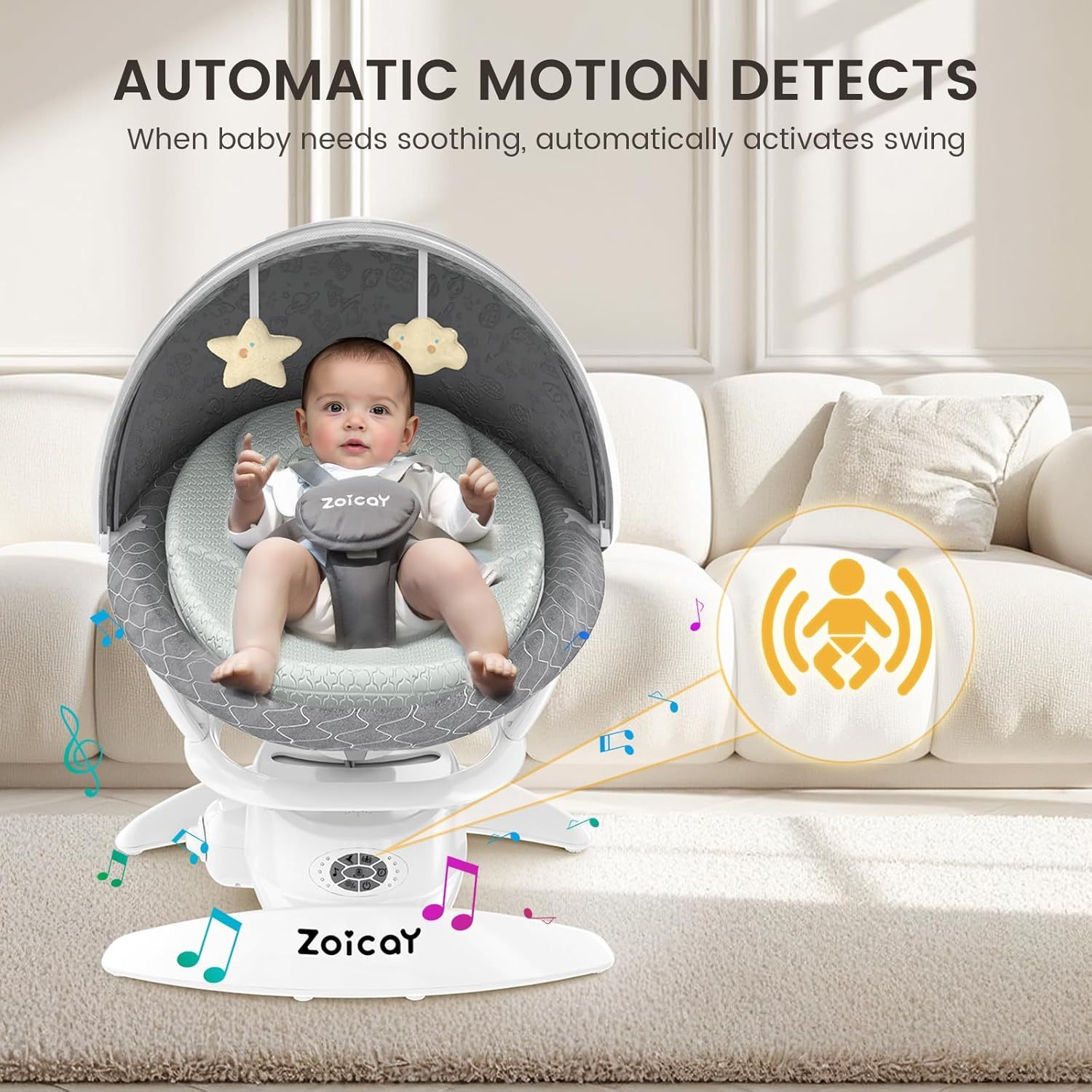 Baby Swing For Infants With Motion Detection, Electric Baby Swing With 3 Swing Modes, 12 Lullabies 5-Speeds - Image 5