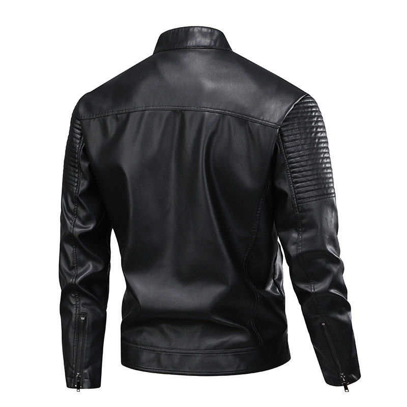 Mens Stand-Up Collar Leather Jacket Slim-Fit Leather Biker Coat For Men - Image 5