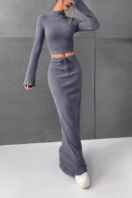 Loose Casual Solid Color Long Sleeve Dress Two-piece Set