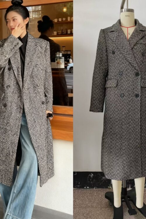Womens British-style Commuter Herringbone Loose Wool Coat