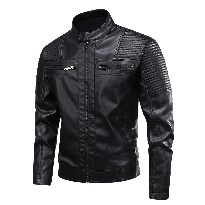 Mens Stand-Up Collar Leather Jacket Slim-Fit Leather Biker Coat For Men - Image 7