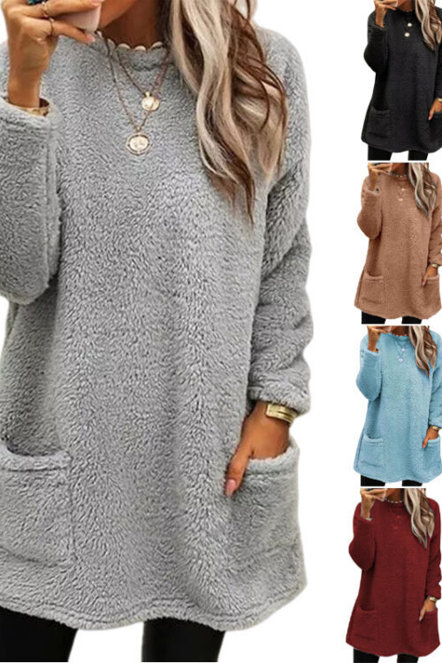 Women’s Fleece Pullover Long Sweater With Pockets Winter Warm Thinken Sweatershirt Casual Long Sleeve Plush Tops Hoodie Coat Streetwear Fall Loose Outfits Hoodie Tops