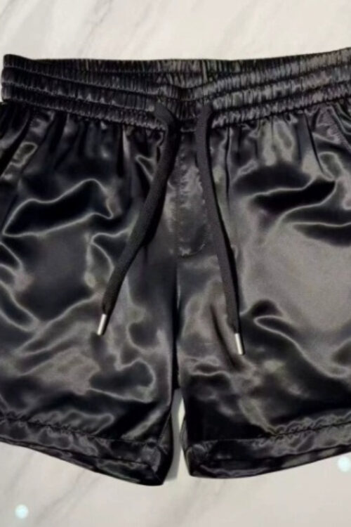 Summer Acetate Casual Mens Solid-Color Versatile Trendy Simple Elastic-Waist Drawstring Shorts