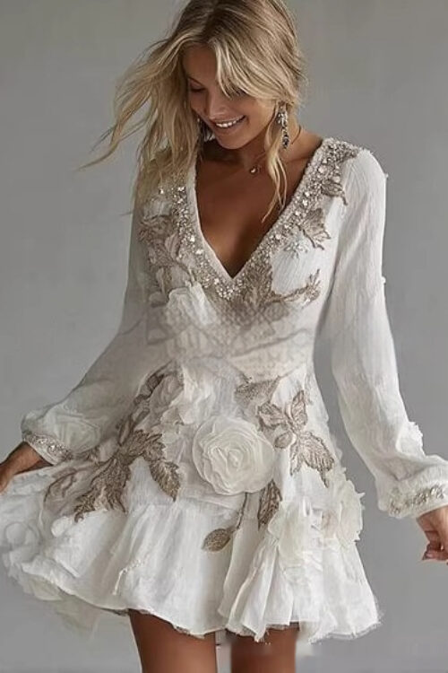 Womens Retro Bohemian Rose-Embroidered Linen Loose V-Neck Short Skirt