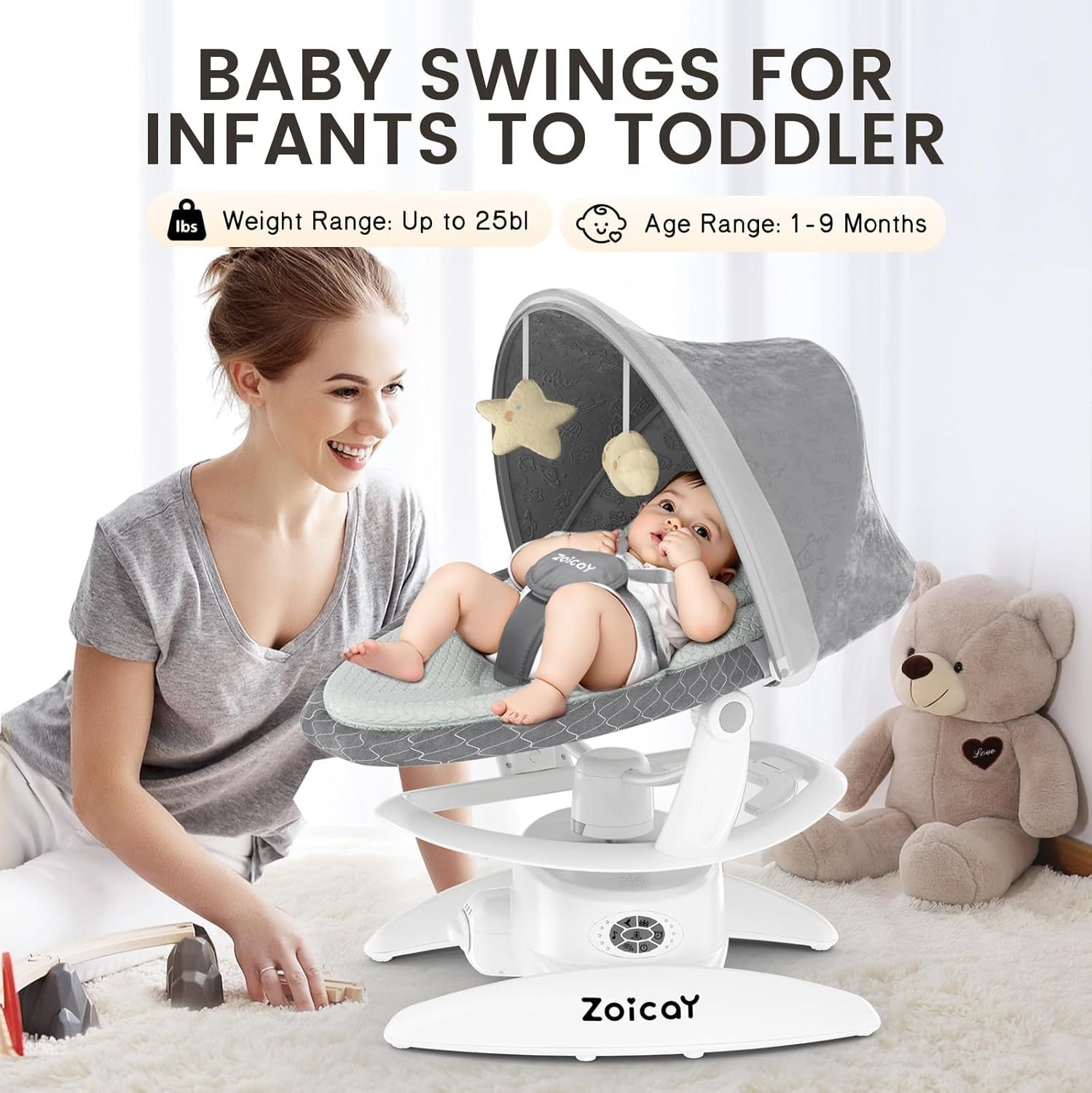 Baby Swing For Infants With Motion Detection, Electric Baby Swing With 3 Swing Modes, 12 Lullabies 5-Speeds - Image 3