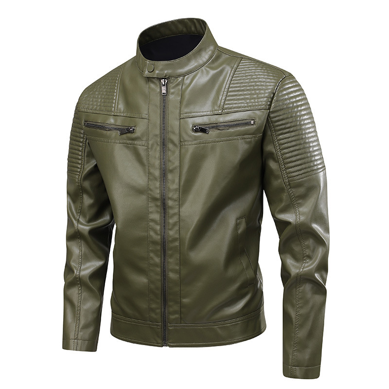 Mens Stand-Up Collar Leather Jacket Slim-Fit Leather Biker Coat For Men - Image 2