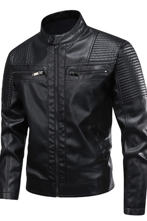 Mens Stand-Up Collar Leather Jacket Slim-Fit Leather Biker Coat For Men