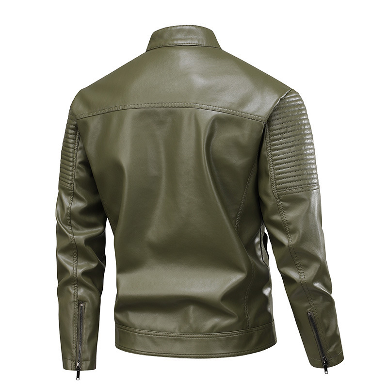 Mens Stand-Up Collar Leather Jacket Slim-Fit Leather Biker Coat For Men - Image 3