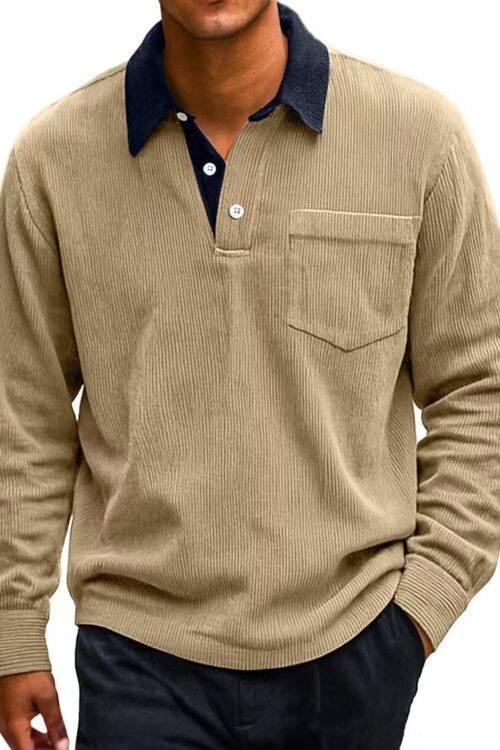 Men’s Vintage Corduroy Button Long Sleeve Polo Shirt