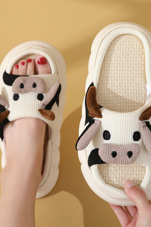 Cute Cartoon Cow Frog Slippers Linen Non-slip Shoes Indoor Garden Home Slippers