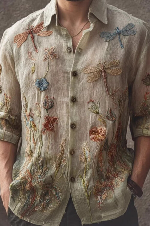 Retro Casual American-style Loose-fitting Mens Printed Long-sleeve Floral Shirt