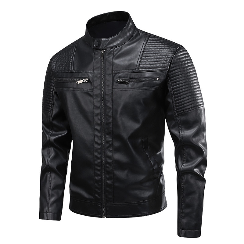 Mens Stand-Up Collar Leather Jacket Slim-Fit Leather Biker Coat For Men - Image 4