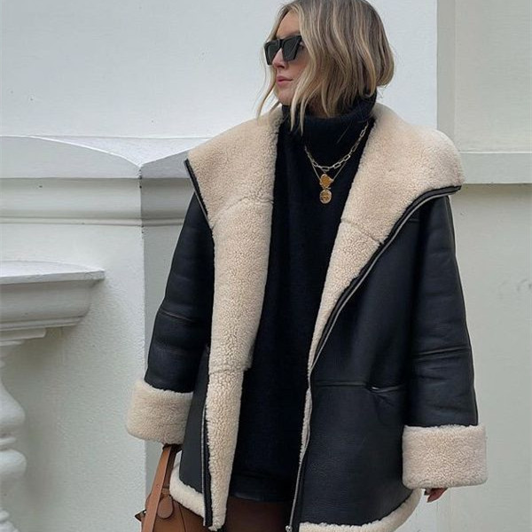 Fashion Cashmere Leather Fur Collar Composite Leather Coat - Image 2