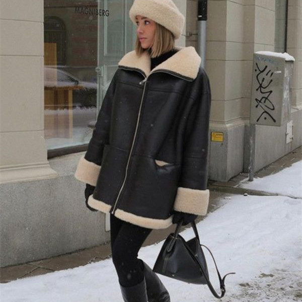 Fashion Cashmere Leather Fur Collar Composite Leather Coat - Image 6