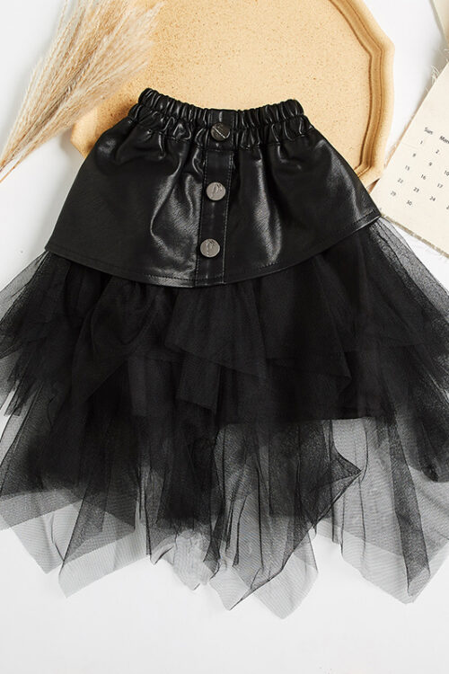 Children’s Big Kids Net Gauze Girl Pu Leather Skirt