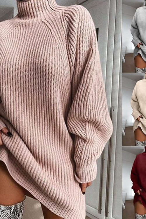 Solid Turtleneck Long Sweater Winter Warm Women Sweater Dress